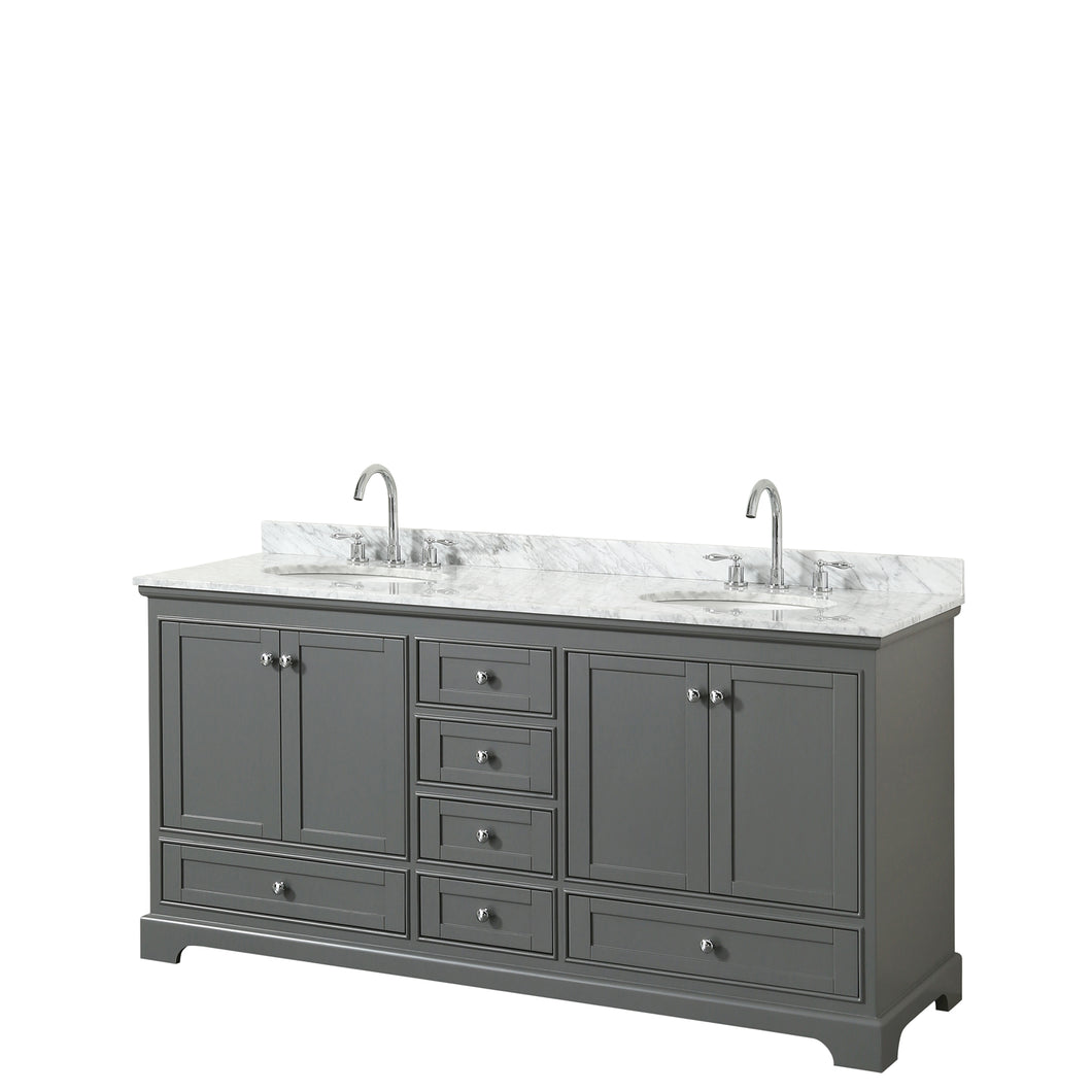 Wyndham Deborah 72 Inch Double Bathroom Vanity in Dark Gray, White Carrara Marble Countertop, Undermount Oval Sinks, and No Mirrors- Wyndham