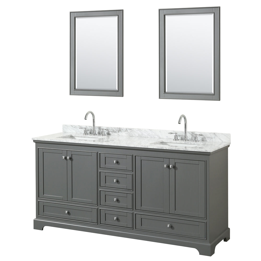 Wyndham Deborah 72 Inch Double Bathroom Vanity in Dark Gray, White Carrara Marble Countertop, Undermount Square Sinks, and 24 Inch Mirrors- Wyndham