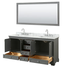 Load image into Gallery viewer, Wyndham Deborah 72 Inch Double Bathroom Vanity in Dark Gray, White Carrara Marble Countertop, Undermount Square Sinks, and 70 Inch Mirror- Wyndham