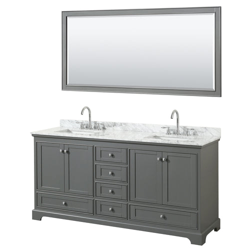 Wyndham Deborah 72 Inch Double Bathroom Vanity in Dark Gray, White Carrara Marble Countertop, Undermount Square Sinks, and 70 Inch Mirror- Wyndham