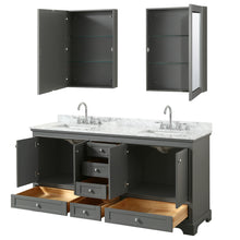 Load image into Gallery viewer, Wyndham Deborah 72 Inch Double Bathroom Vanity in Dark Gray, White Carrara Marble Countertop, Undermount Square Sinks, and Medicine Cabinets- Wyndham