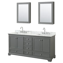 Load image into Gallery viewer, Wyndham Deborah 72 Inch Double Bathroom Vanity in Dark Gray, White Carrara Marble Countertop, Undermount Square Sinks, and Medicine Cabinets- Wyndham
