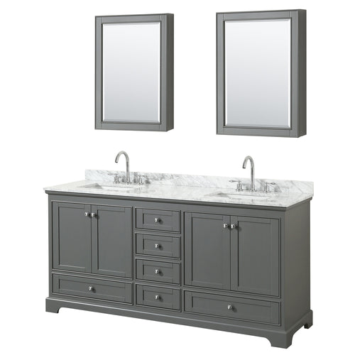 Wyndham Deborah 72 Inch Double Bathroom Vanity in Dark Gray, White Carrara Marble Countertop, Undermount Square Sinks, and Medicine Cabinets- Wyndham