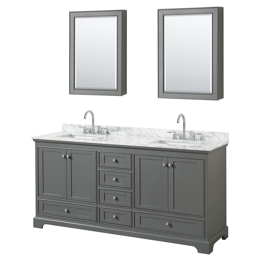 Wyndham Deborah 72 Inch Double Bathroom Vanity in Dark Gray, White Carrara Marble Countertop, Undermount Square Sinks, and Medicine Cabinets- Wyndham