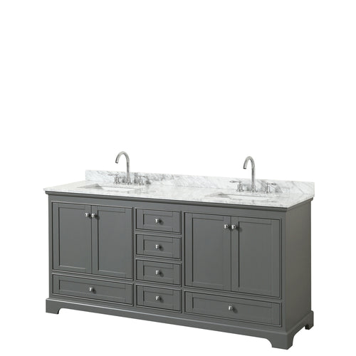 Wyndham Deborah 72 Inch Double Bathroom Vanity in Dark Gray, White Carrara Marble Countertop, Undermount Square Sinks, and No Mirror- Wyndham