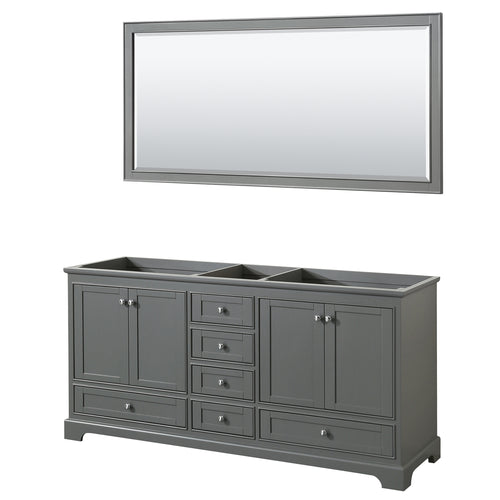 Wyndham Deborah 72 Inch Double Bathroom Vanity in Dark Gray, No Countertop, No Sinks, and 70 Inch Mirror- Wyndham