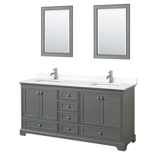 Wyndham Deborah 72 Inch Double Bathroom Vanity in Dark Gray, White Cultured Marble Countertop, Undermount Square Sinks, 24 Inch Mirrors- Wyndham