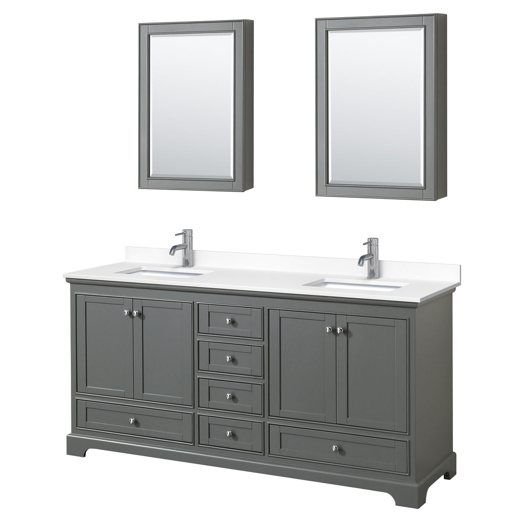 Wyndham Deborah 72 Inch Double Bathroom Vanity in Dark Gray, White Cultured Marble Countertop, Undermount Square Sinks, Medicine Cabinets- Wyndham