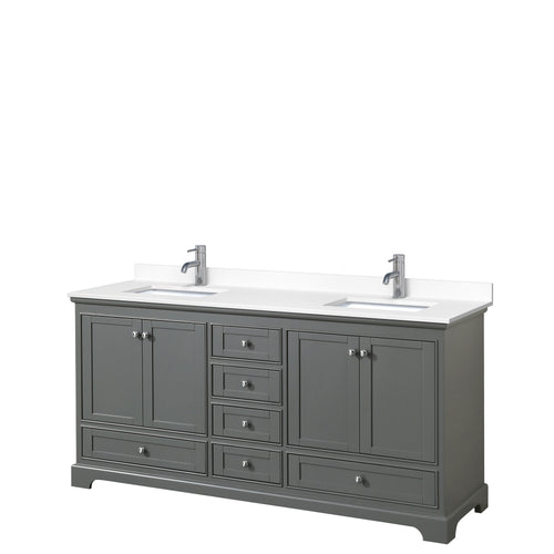 Wyndham Deborah 72 Inch Double Bathroom Vanity in Dark Gray, White Cultured Marble Countertop, Undermount Square Sinks, No Mirrors- Wyndham