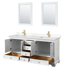 Load image into Gallery viewer, Wyndham Deborah 72 Inch Double Bathroom Vanity in White, Carrara Cultured Marble Countertop, Undermount Square Sinks, Brushed Gold Trim, 24 Inch Mirrors- Wyndham