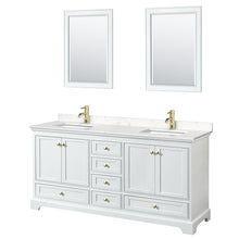 Load image into Gallery viewer, Wyndham Deborah 72 Inch Double Bathroom Vanity in White, Carrara Cultured Marble Countertop, Undermount Square Sinks, Brushed Gold Trim, 24 Inch Mirrors- Wyndham
