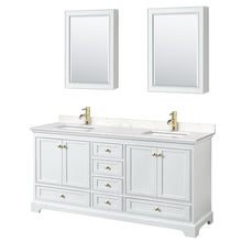 Load image into Gallery viewer, Wyndham Deborah 72 Inch Double Bathroom Vanity in White, Carrara Cultured Marble Countertop, Undermount Square Sinks, Brushed Gold Trim, Medicine Cabinets- Wyndham