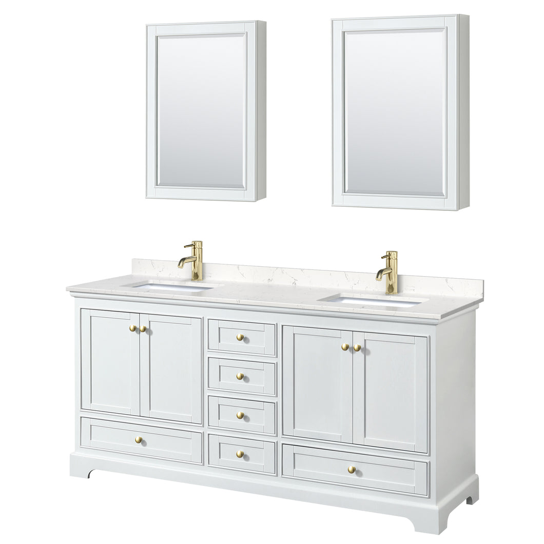 Wyndham Deborah 72 Inch Double Bathroom Vanity in White, Carrara Cultured Marble Countertop, Undermount Square Sinks, Brushed Gold Trim, Medicine Cabinets- Wyndham
