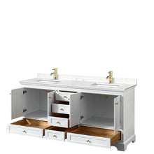 Load image into Gallery viewer, Wyndham Deborah 72 Inch Double Bathroom Vanity in White, Carrara Cultured Marble Countertop, Undermount Square Sinks, Brushed Gold Trim, No Mirrors- Wyndham