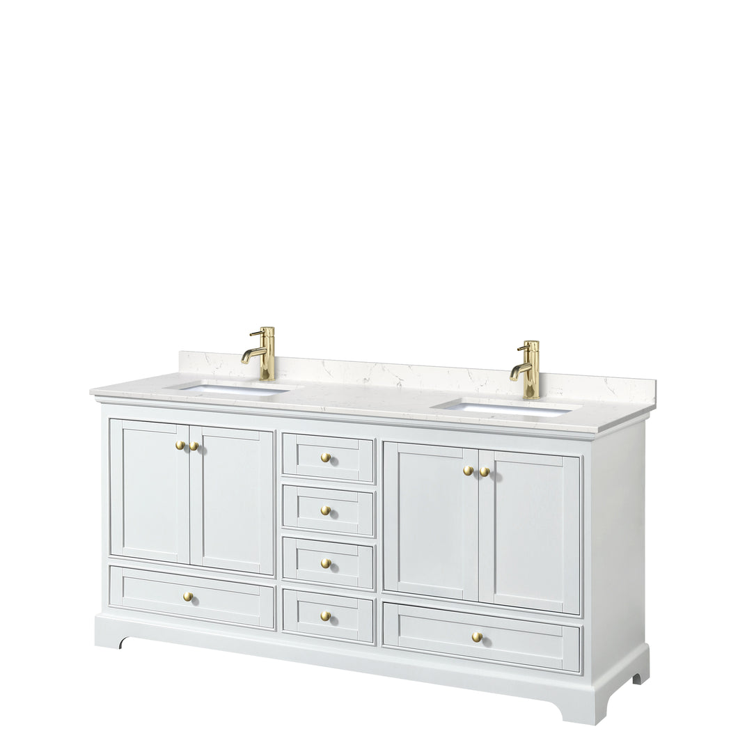 Wyndham Deborah 72 Inch Double Bathroom Vanity in White, Carrara Cultured Marble Countertop, Undermount Square Sinks, Brushed Gold Trim, No Mirrors- Wyndham