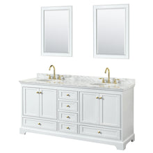 Load image into Gallery viewer, Wyndham Deborah 72 Inch Double Bathroom Vanity in White, White Carrara Marble Countertop, Undermount Oval Sinks, Brushed Gold Trim, 24 Inch Mirrors- Wyndham