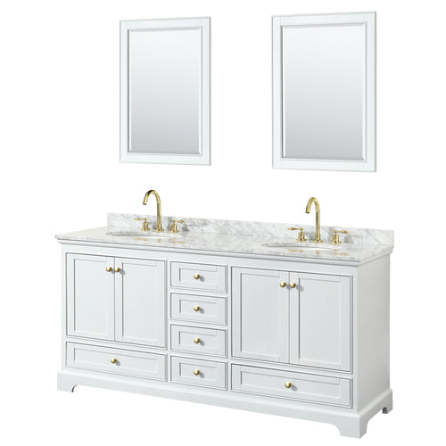 Wyndham Deborah 72 Inch Double Bathroom Vanity in White, White Carrara Marble Countertop, Undermount Oval Sinks, Brushed Gold Trim, 24 Inch Mirrors- Wyndham