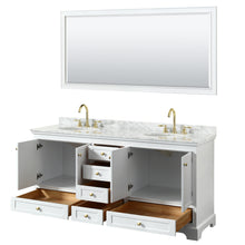 Load image into Gallery viewer, Wyndham Deborah 72 Inch Double Bathroom Vanity in White, White Carrara Marble Countertop, Undermount Oval Sinks, Brushed Gold Trim, 70 Inch Mirror- Wyndham