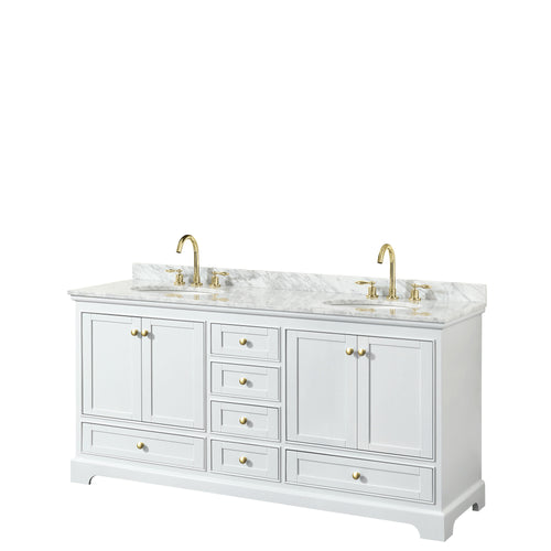 Wyndham Deborah 72 Inch Double Bathroom Vanity in White, White Carrara Marble Countertop, Undermount Oval Sinks, Brushed Gold Trim, No Mirrors- Wyndham