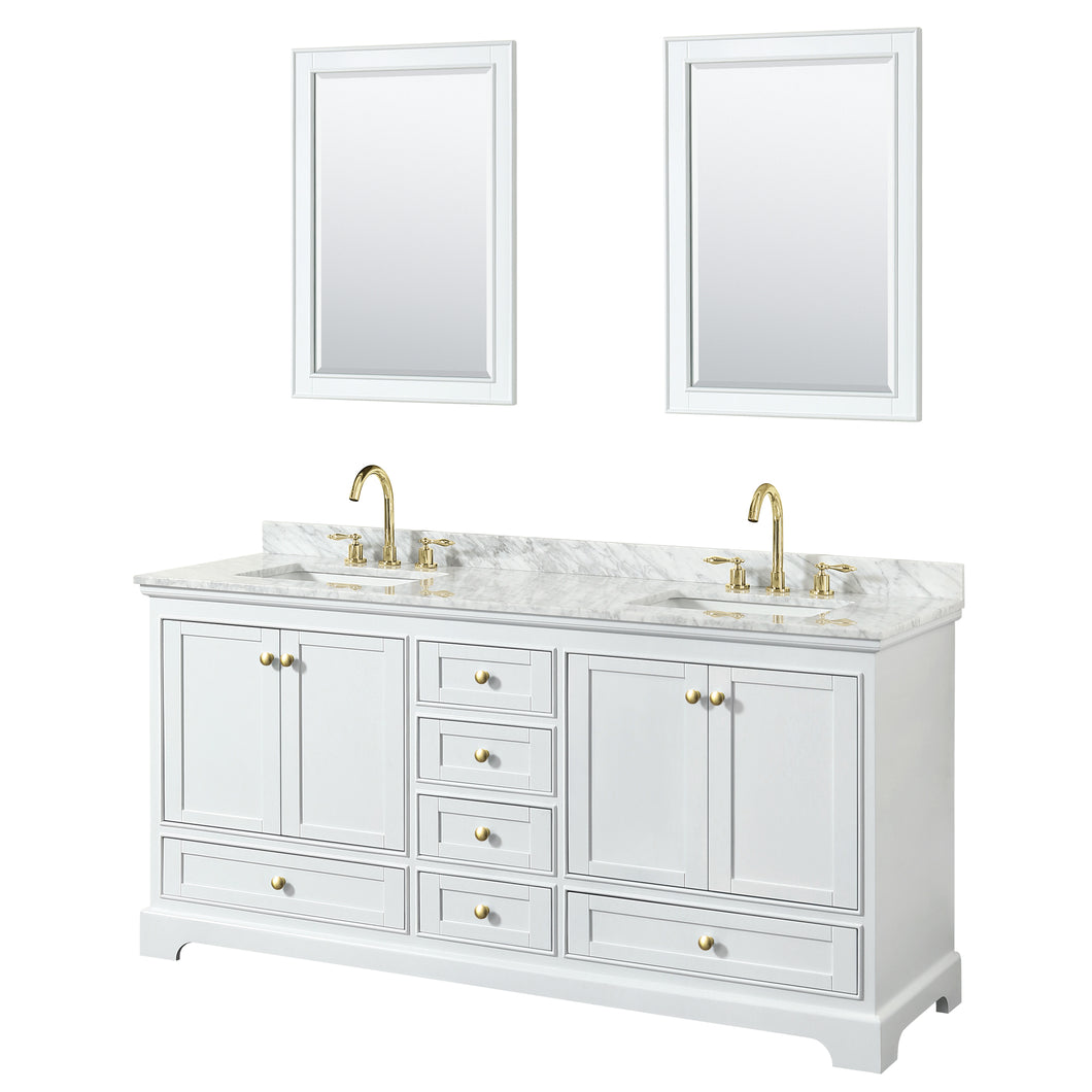Wyndham Deborah 72 Inch Double Bathroom Vanity in White, White Carrara Marble Countertop, Undermount Square Sinks, Brushed Gold Trim, 24 Inch Mirrors- Wyndham