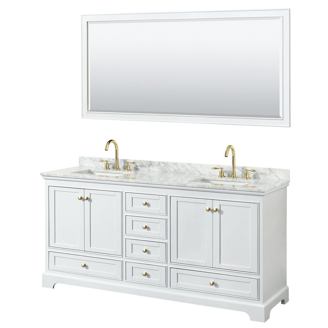 Wyndham Deborah 72 Inch Double Bathroom Vanity in White, White Carrara Marble Countertop, Undermount Square Sinks, Brushed Gold Trim, 70 Inch Mirror- Wyndham