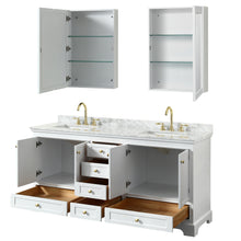 Load image into Gallery viewer, Wyndham Deborah 72 Inch Double Bathroom Vanity in White, White Carrara Marble Countertop, Undermount Square Sinks, Brushed Gold Trim, Medicine Cabinets- Wyndham