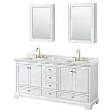 Load image into Gallery viewer, Wyndham Deborah 72 Inch Double Bathroom Vanity in White, White Carrara Marble Countertop, Undermount Square Sinks, Brushed Gold Trim, Medicine Cabinets- Wyndham