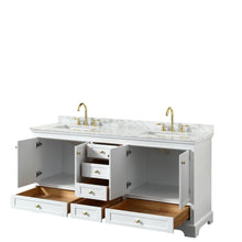 Load image into Gallery viewer, Wyndham Deborah 72 Inch Double Bathroom Vanity in White, White Carrara Marble Countertop, Undermount Square Sinks, Brushed Gold Trim, No Mirrors- Wyndham