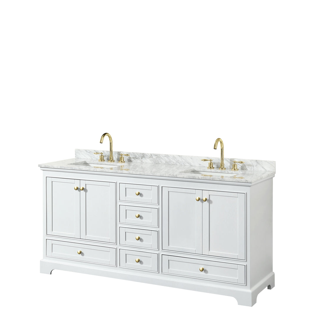 Wyndham Deborah 72 Inch Double Bathroom Vanity in White, White Carrara Marble Countertop, Undermount Square Sinks, Brushed Gold Trim, No Mirrors- Wyndham