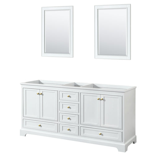 Wyndham Deborah 72 Inch Double Bathroom Vanity in White, No Countertop, No Sinks, Brushed Gold Trim, 24 Inch Mirrors- Wyndham
