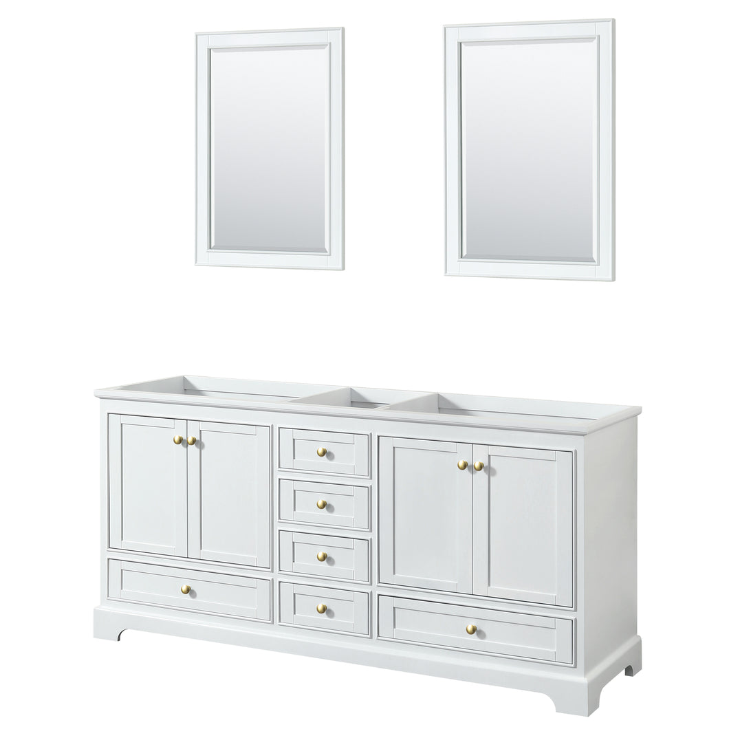 Wyndham Deborah 72 Inch Double Bathroom Vanity in White, No Countertop, No Sinks, Brushed Gold Trim, 24 Inch Mirrors- Wyndham