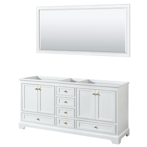 Wyndham Deborah 72 Inch Double Bathroom Vanity in White, No Countertop, No Sinks, Brushed Gold Trim, 70 Inch Mirror- Wyndham