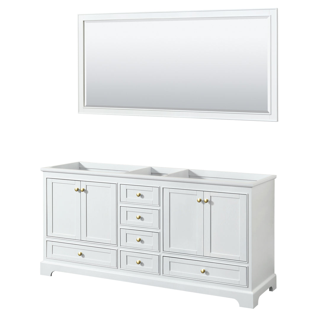 Wyndham Deborah 72 Inch Double Bathroom Vanity in White, No Countertop, No Sinks, Brushed Gold Trim, 70 Inch Mirror- Wyndham