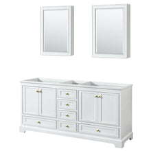 Load image into Gallery viewer, Wyndham Deborah 72 Inch Double Bathroom Vanity in White, No Countertop, No Sinks, Brushed Gold Trim, Medicine Cabinets- Wyndham