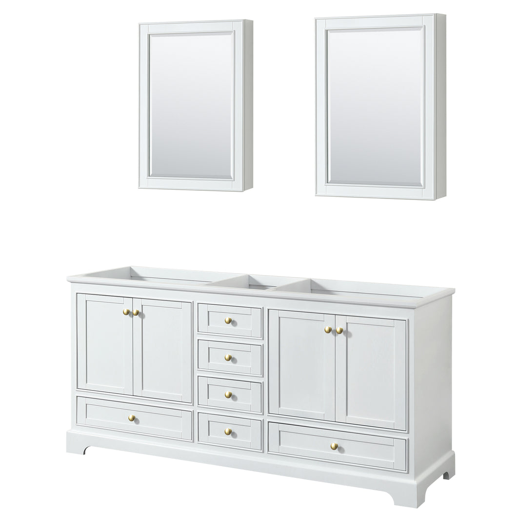 Wyndham Deborah 72 Inch Double Bathroom Vanity in White, No Countertop, No Sinks, Brushed Gold Trim, Medicine Cabinets- Wyndham