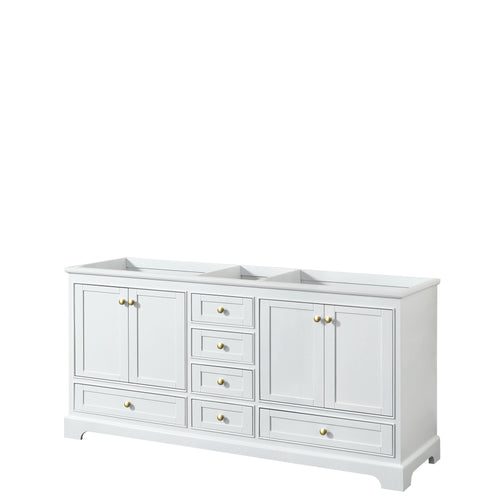 Wyndham Deborah 72 Inch Double Bathroom Vanity in White, No Countertop, No Sinks, Brushed Gold Trim, No Mirrors- Wyndham