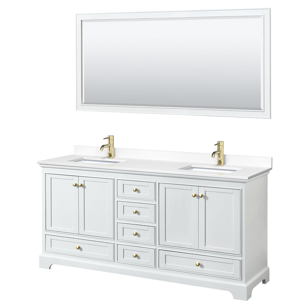 Wyndham Deborah 72 Inch Double Bathroom Vanity in White, White Cultured Marble Countertop, Undermount Square Sinks, Brushed Gold Trim, 70 Inch Mirror- Wyndham