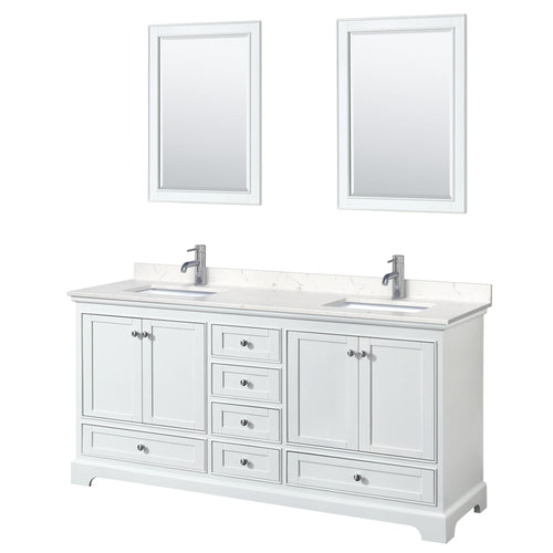Wyndham Deborah 72 Inch Double Bathroom Vanity in White, Light-Vein Carrara Cultured Marble Countertop, Undermount Square Sinks, 24 Inch Mirrors- Wyndham
