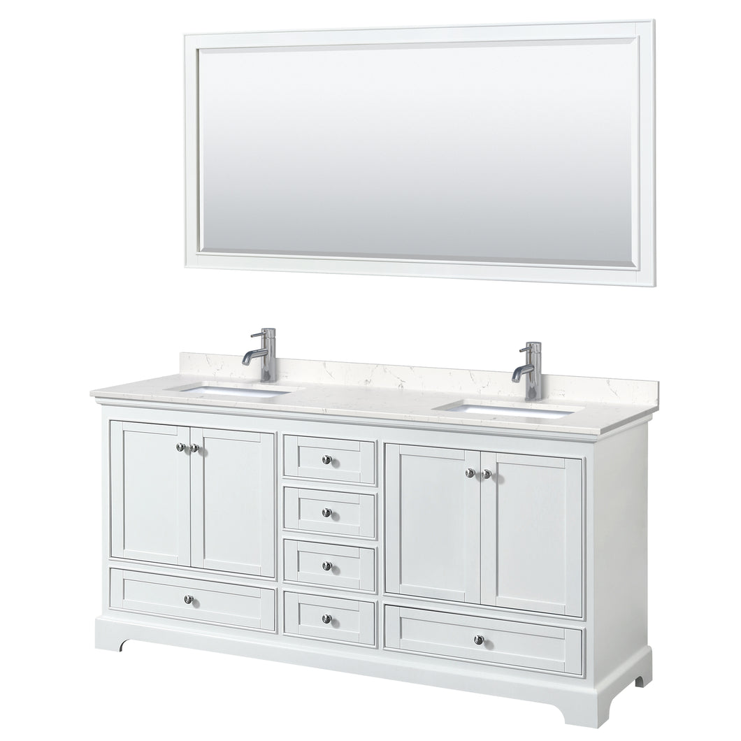 Wyndham Deborah 72 Inch Double Bathroom Vanity in White, Light-Vein Carrara Cultured Marble Countertop, Undermount Square Sinks, 70 Inch Mirror- Wyndham