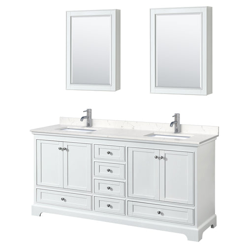 Wyndham Deborah 72 Inch Double Bathroom Vanity in White, Light-Vein Carrara Cultured Marble Countertop, Undermount Square Sinks, Medicine Cabinets- Wyndham