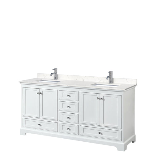 Wyndham Deborah 72 Inch Double Bathroom Vanity in White, Light-Vein Carrara Cultured Marble Countertop, Undermount Square Sinks, No Mirrors- Wyndham