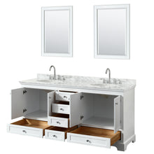 Load image into Gallery viewer, Wyndham Deborah 72 Inch Double Bathroom Vanity in White, White Carrara Marble Countertop, Undermount Oval Sinks, and 24 Inch Mirrors- Wyndham