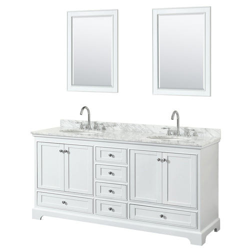 Wyndham Deborah 72 Inch Double Bathroom Vanity in White, White Carrara Marble Countertop, Undermount Oval Sinks, and 24 Inch Mirrors- Wyndham