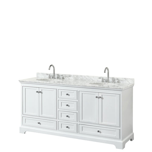 Wyndham Deborah 72 Inch Double Bathroom Vanity in White, White Carrara Marble Countertop, Undermount Oval Sinks, and No Mirrors- Wyndham