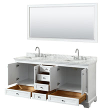 Load image into Gallery viewer, Wyndham Deborah 72 Inch Double Bathroom Vanity in White, White Carrara Marble Countertop, Undermount Square Sinks, and 70 Inch Mirror- Wyndham