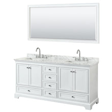 Load image into Gallery viewer, Wyndham Deborah 72 Inch Double Bathroom Vanity in White, White Carrara Marble Countertop, Undermount Square Sinks, and 70 Inch Mirror- Wyndham