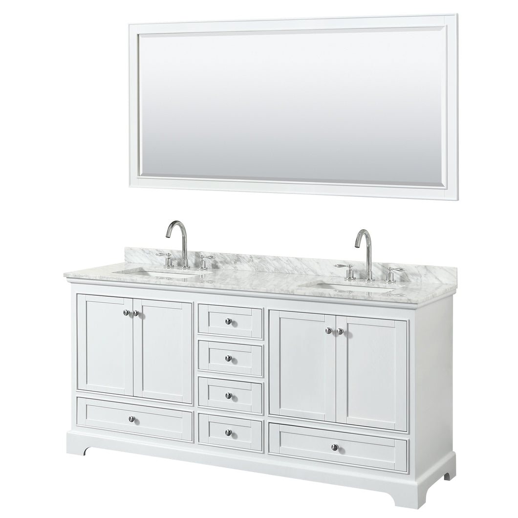 Wyndham Deborah 72 Inch Double Bathroom Vanity in White, White Carrara Marble Countertop, Undermount Square Sinks, and 70 Inch Mirror- Wyndham