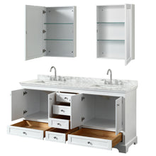 Load image into Gallery viewer, Wyndham Deborah 72 Inch Double Bathroom Vanity in White, White Carrara Marble Countertop, Undermount Square Sinks, and Medicine Cabinets- Wyndham