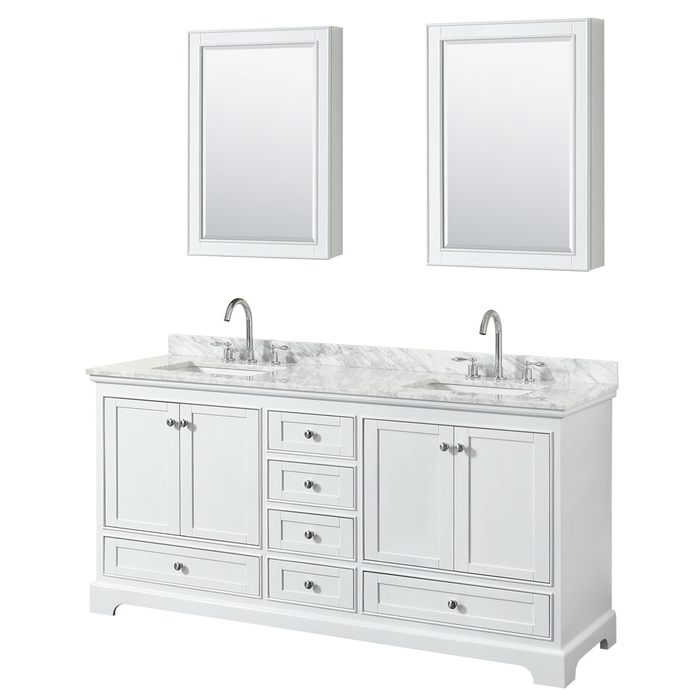 Wyndham Deborah 72 Inch Double Bathroom Vanity in White, White Carrara Marble Countertop, Undermount Square Sinks, and Medicine Cabinets- Wyndham