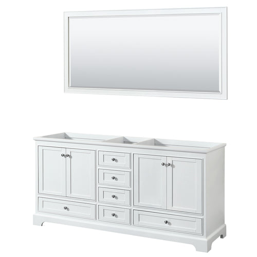 Wyndham Deborah 72 Inch Double Bathroom Vanity in White, No Countertop, No Sinks, and 70 Inch Mirror- Wyndham